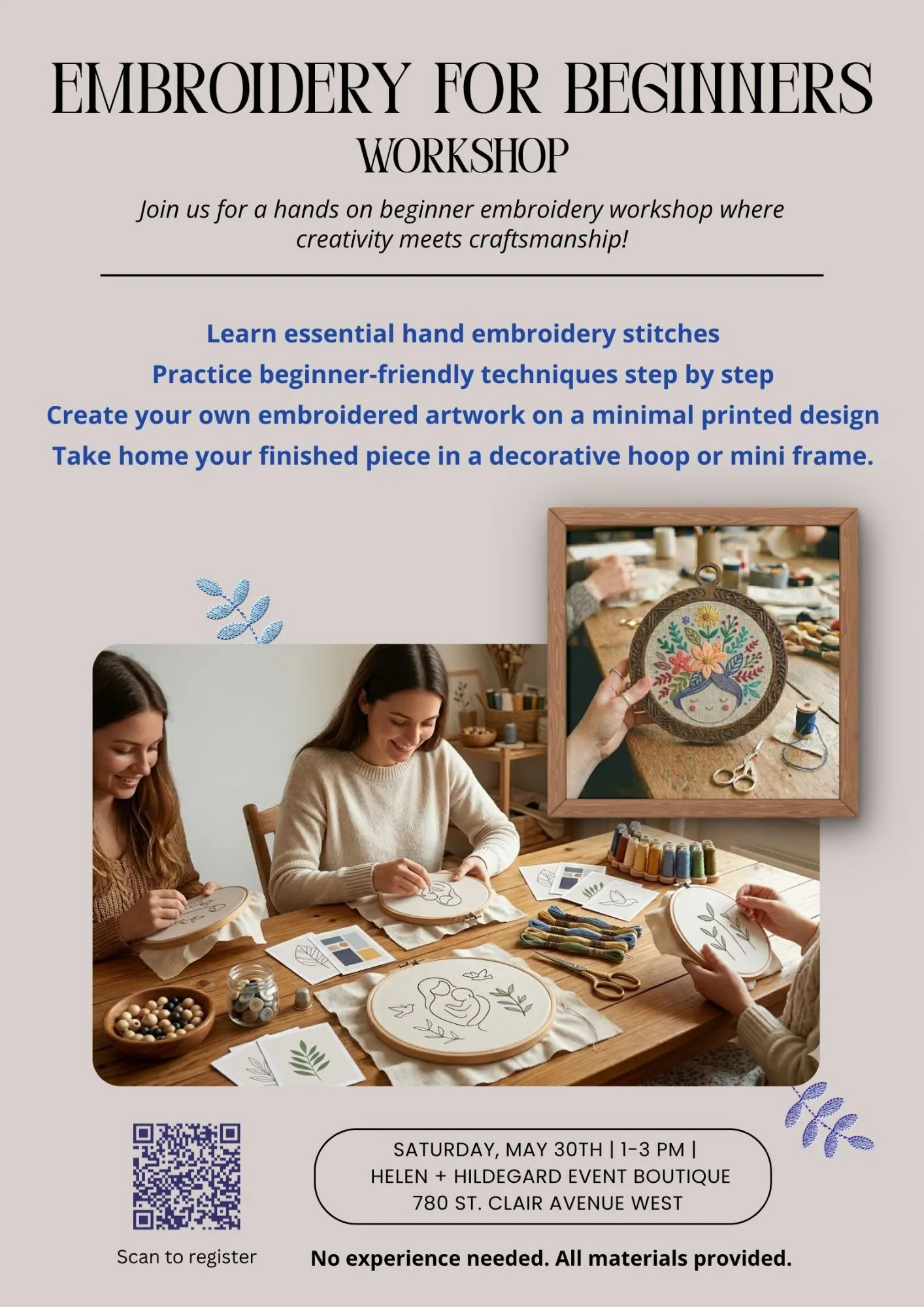Poster for the Embroidery for Beginners workshop, with photos of people stitching designs in embroidery hoops