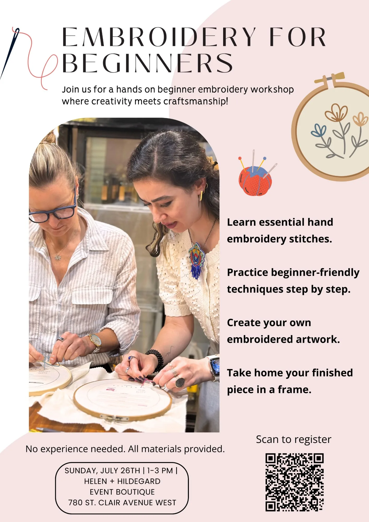 Poster for the July Embroidery for Beginners workshop, with a photo of two people stitching designs in embroidery hoops