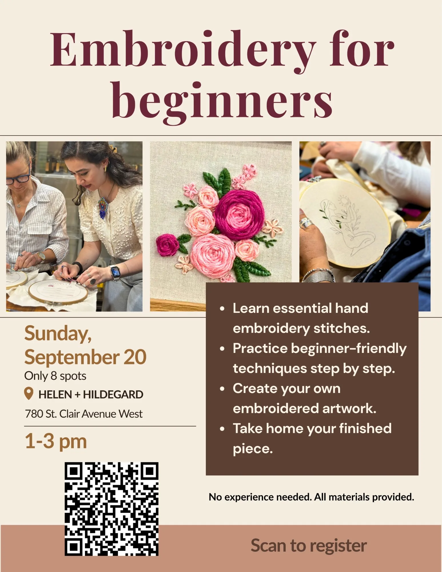 Poster for the September Embroidery for Beginners workshop, with photos of stitching in hoops and an embroidered bouquet of pink roses