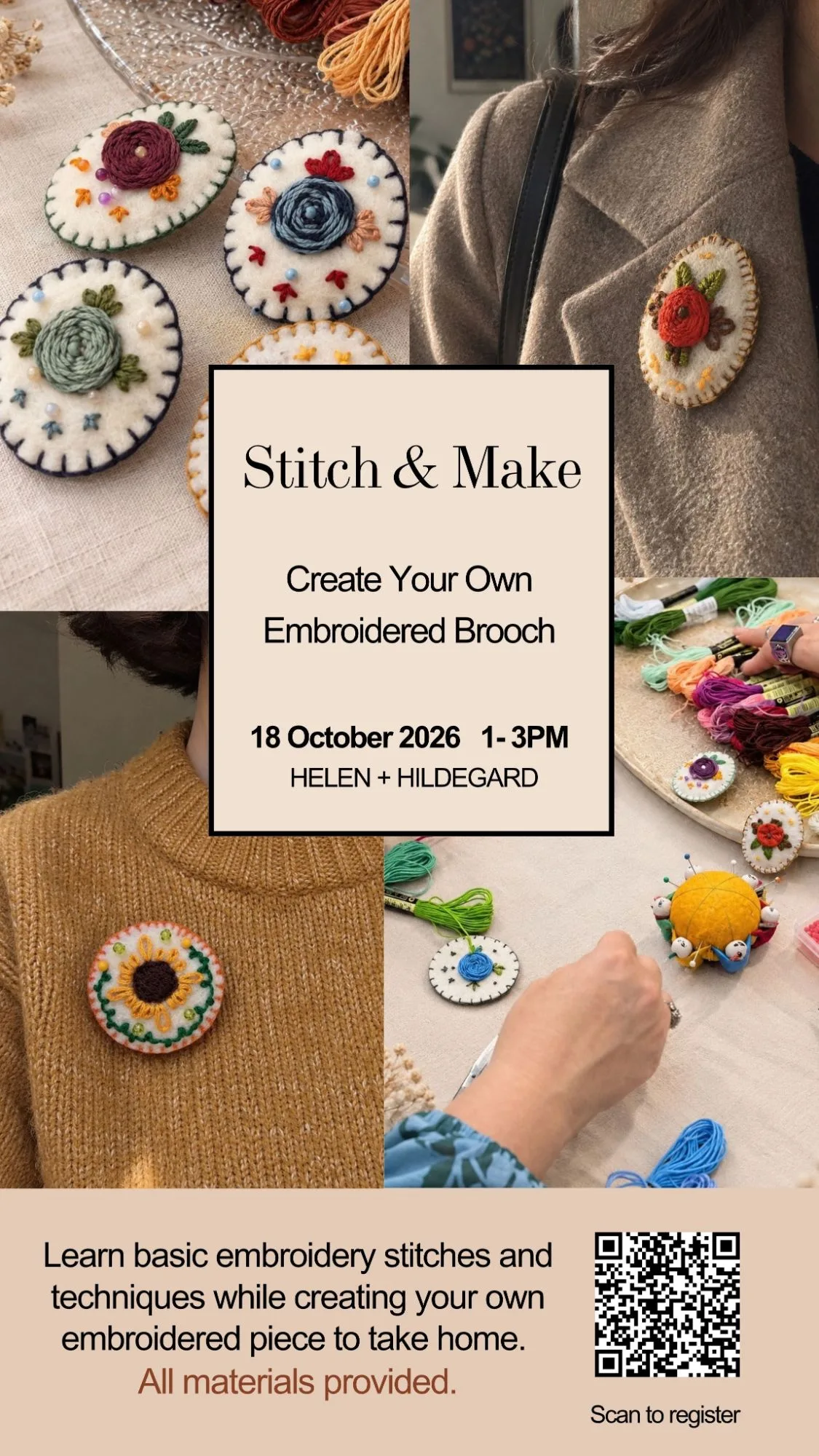 Poster for the Stitch & Make workshop, with photos of embroidered felt flower brooches being made and worn